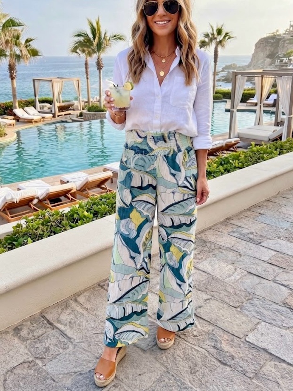 Forever 21 Tropical Leaf Print Smocked Wide-Leg Pants Palazzo Resort Boho Rayon